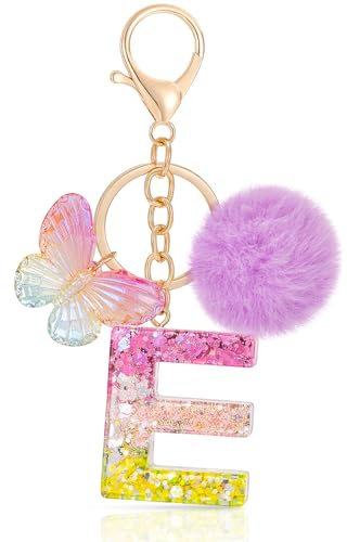 MWOOT Initiale Letter Keychains Porte Clé Lettre E,Alphabet Initial Keyring avec Papillon Pompon Pendentif,Pourpre Key Ring pour Femmes Portefeuilles Sac à Main Bagages Charme (E)
