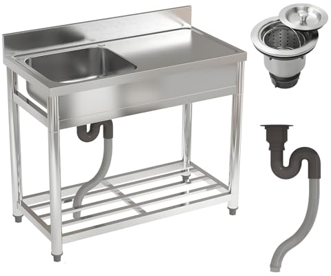 Warmiehomy 100x50x80cm Stainless Steel Restaurant Kitchen Sink with Drain & Backsplash, Commercial Restaurant Catering Sink Free Standing Outdoor with Storage Shelf & Tap Hole, No Tap