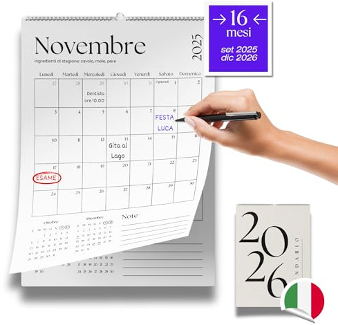 Calendario 2026 da Muro Italiano da 16 Mesi | Settembre 2025 - Dicembre 2026 | Calendario 2026 da Parete con Spazi per Scrivere (Minimalista)