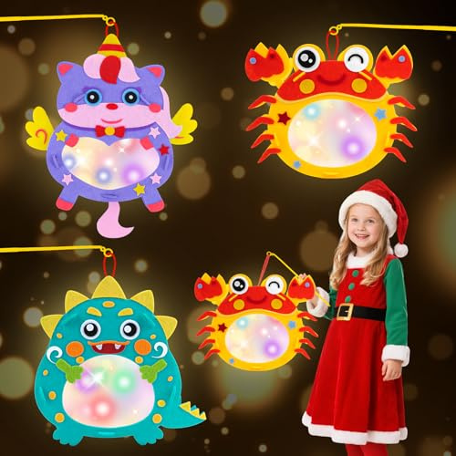 PlsMupn 4PCS Laternen Bastelset für Kinder, Laternen für Kinder mit LED Lichterketten und Laternenstab, Tiere Bastelset, Tragbare DIY Selbstgebaute Laterne für Dekoration und Eventparty, Dinosaurier