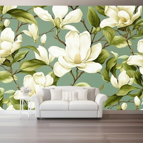 250 X 175 Cm Photo Wallpaper Retro Flowers Premium Wall Mural Poster – Green Magnolia Branches and Leaves Non-Woven Large Decorative Wallpaper for Children's Room Living Room Home