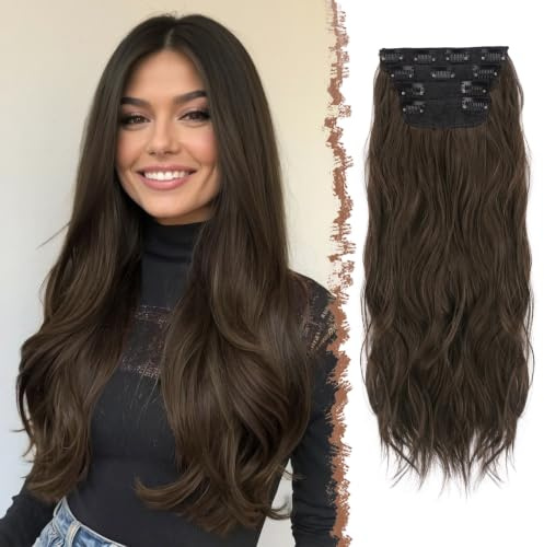 FESHFEN Extension Capelli a Clip - 4 pezzi Lunga Ricci Ondulati Sintetici Naturali Posticci Capelli Extension con Clip per Donna, 60 cm Marrone Scuro