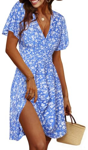 Cicy Bell Vestido de verano floral para mujer, vestido midi de línea A con cuello en V cruzado, manga corta, casual, playa, fiesta, azul, S
