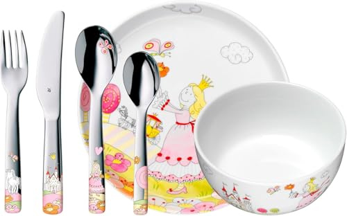 WMF Prinzessin Anneli Geschirt Set für Kinder 6-teilig mit Gravur – Personalisiertes Kindergeschirr mit Namen – Porzellan Teller & Müsli-Schale mit Kinderbesteck für Mädchen und Jungen ab 3 Jahre