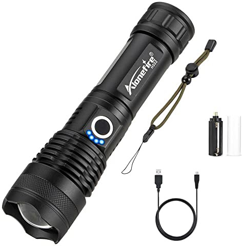 Alonefire H002 Taktische LED Taschenlampe Extrem Hell USB Aufladbar Wasserdicht Zoombar 5 Modi mit Ladestation, Inklusive Batterie für Outdoor Wandern Jagd Notfall Militär Polizei Survival