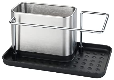 WENKO Spülorganizer Orio, hochwertiger Spülbecken-Organizer aus rostfreiem Edelstahl, Spülbecken-Caddy mit viel Stauraum für Spülmittel, Spültuch, Schwamm, 21 x 10,5 x 12 cm, Silber matt