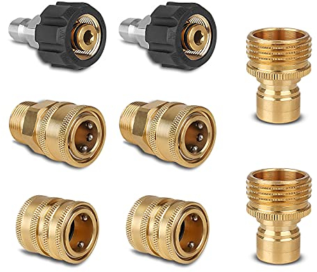 Qooltek Hochdruckreiniger-Adapter-Set, Schnelltrenn-Schlaucharmaturen, Messingkupplungen von M22–14 Drehgelenk auf 3/8 Zoll Schnellanschluss, 3/4 Zoll Stecker auf 1/2 Zoll Schnellspanner, 8 Stück
