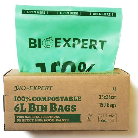 BIO-EXPERT 150x 6L Food Caddy Bin Liner Bags, Home Compostable, Biodegradable, Made from Plants with En13432 & Home Compost Certification Leakproof Super Strong Green Color (6L 150Bags)