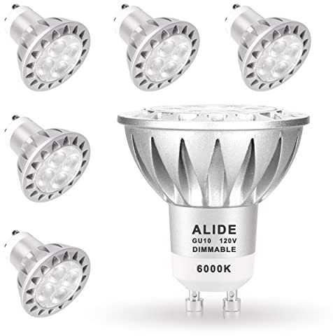 ALIDE GU10 Led Bulbs 5W 6000k Daylight White Dimmable,25W-35W Halogen Equivalent,MR16 GU10 Base AC120V Dimmable Led Spotlight Track Light Bulbs,450LM,38 Degrees,6Pack