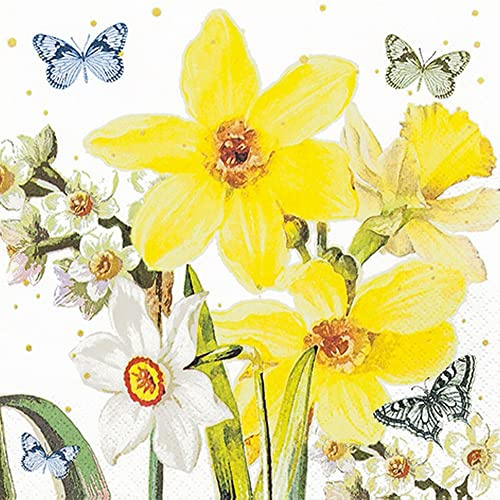 Lot de 20 petites serviettes de cocktail jonquilles en bleu - Décoration de table - Pour printemps, Pâques, découpage - Technique de serviette 25 x 25 cm
