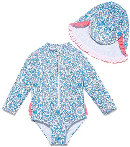 Mazuliso Bebé Niñas Traje de Baño una Pieza Manga Larga UPF50+ Bañadores con Cremallera y Sombrero(BUWeiße,68-74 CM)