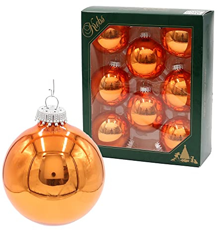 Lauschaer Christbaumschmuck - 8er Set Kugeln in Uni glänzend Opal-Orange, mit Silberkrönchen, Größe Ø ca. 7 cm
