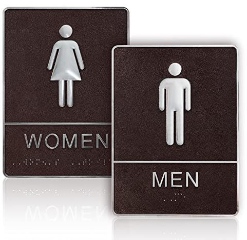 Men and Women Restroom Sign with Braille, 2pcs Toilet Sign for Business Bathroom Signs with Double Sided Tape for Business Company Home Hotel Shopping Mall (Brown)