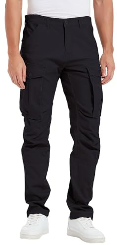 Plaid&Plain Men's and Women's Black Cargo Pants - Slim Fit, 3D Shape, Articulated Knees, Stretchy Fabric C804 Black 32WX32L