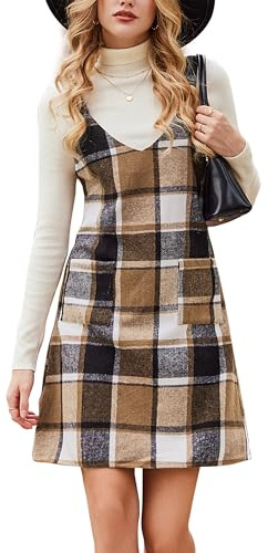 CUPSHE Gonna da donna, con scollo a V, con tasche, motivo a quadretti, abito casual, mini abito a plaid, Plaid Kaki., XL
