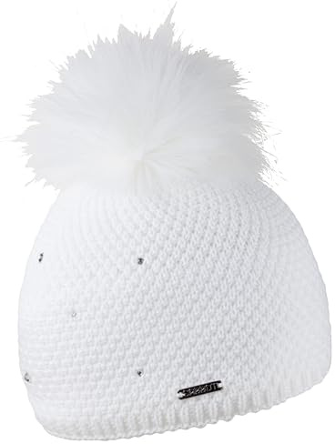SABBOT Schick Damen Mütze mit Pelzbommel, Fleece-Futter, Wintermütze, Strickmütze, Mit Strasssteinen,Warme Kappe (Weiß)