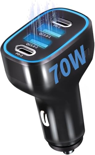 70W Car Charger USB C, 4 Ports [ PD 35W & QC3.0] Mini in Car Phone Charger Adapter, 12V USB Socket Cigarette Lighter USB Charger Fast Charging for iPhone 16 Pro Max, Samsunng S23, Google Pixel