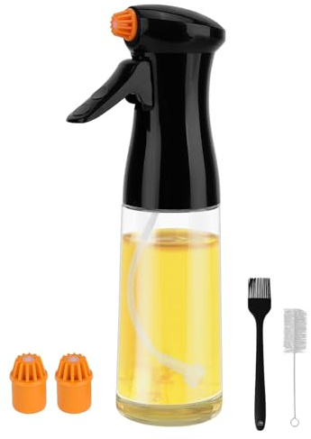 Jasfyee Oil Spray Bottle, 230ml Glass Olive Oil Sprayer for Cooking with 2 Pieces Improved Nozzle and Brush, Refillable Vinegar Olive Oil Mister for Kitchen, for Air Fryer, BBQ, Baking, Salad (Black)