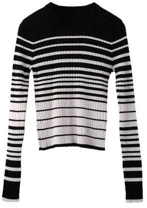 Français Rétro Début de l'automne Rayé Noir et Blanc Soie glacée Coupe Slim Design Court Pull à Manches Longues pour Femme Mince-Rayé Noir et Blanc-S