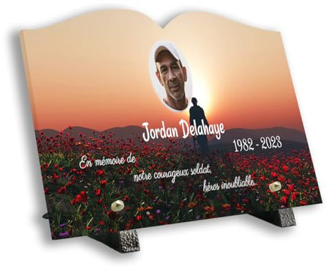 Funélior - plaque funéraire livre 100% personnalisable texte et photo -Thème Militaire - 30x20 cm epaisseur 8 mm - fabrication française - altuglas