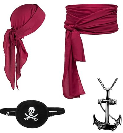 MUNSKT 4 Stück Mittelalter Renaissance Piraten Kostüm Set Bandana Große Schärpe Gürtel Augenklappe Halskette Zubehör für Erwachsene Männer Party