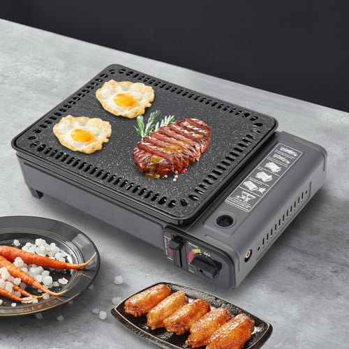 Mermajestic Camping Grillset Camping BBQ Set, Kassettengrill mit Grillrost, Einstellbare Feuerkraft, Fettauffangschale, Campingkocher Tragbarer Gasgrill Gasbrenner, Überdruckschutz Ausgestattet