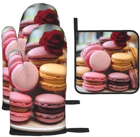 YYHHAOFA Lot de 3 gants de cuisine imperméables et durables pour four et manique pour isolation thermique Motif macarons et desserts