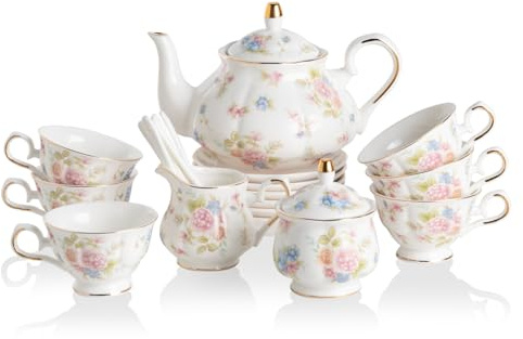 Sweejar Porzellan Tee-Set Vintage Floral British Relief Gold Rand Teekanne Tasse und Untertasse Sets 22 Stück Tee-Sets für Erwachsene mit Teekanne, Zuckerdose, Milchkännchen, Löffeln, Tasse und