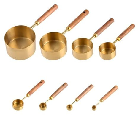 Juego de 8 tazas y cucharas medidoras de acero inoxidable, juego de cucharas medidoras con mango de madera, agujeros para colgar, para hornear, líquidos y sólidos