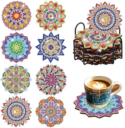 Syunyin Diamond Painting Erwachsene Untersetzer - 8er Set rutschfeste Mandala Coaster mit Halter, DIY Bastelset für Dekoration