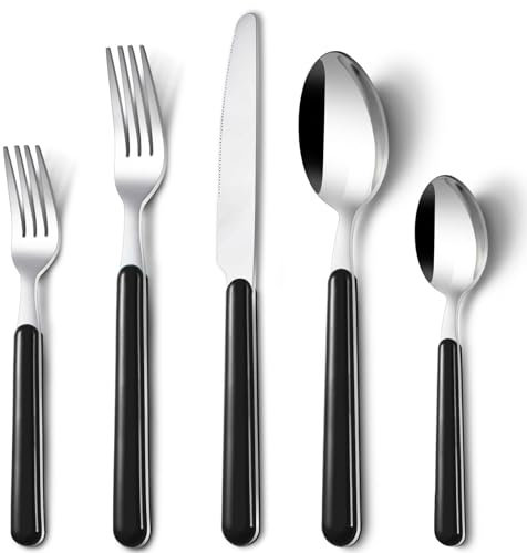 BEWOS Besteck Set für 6 Personen, 30 teilig besteckset schwarz inkl. Messer, Gabel, Löffel, Farbige Griffe camping besteck, Spülmaschinenfest