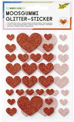 folia 23771 - Adesivi in gommapiuma glitter HEARTS LOVE, 50 pezzi in rosa e rosso, adesivi in 4 dimensioni per decorare e abbellire