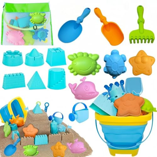 FuouYA 16 Pcs Sandkasten Spielzeug,Sandspielzeug,Sandspielzeug Faltbar,Strandspielzeug Kinder Mit Sandschaufel,Eimer,Sandformen,Sandspielzeug Faltbar,Netzbeutel Strand FüR Kinder