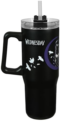Undercover - Wednesday Isolierbecher mit Strohhalm - 880ml Fassungsvermögen - Edelstahl Trinkbecher mit Handgriff - BPA frei, Schwarz