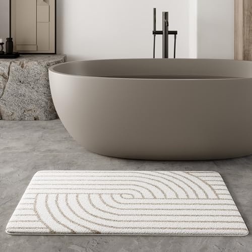 Wecon Home Hilda – Moderner Retro-Badteppich mit Rutschfester Rückseite, Standard 100 by Oeko-TEX Zertifiziert & maschinenwaschbar – Weich, pflegeleicht & stilvoll fürs Badezimmer (55 x 65 cm, weiß)