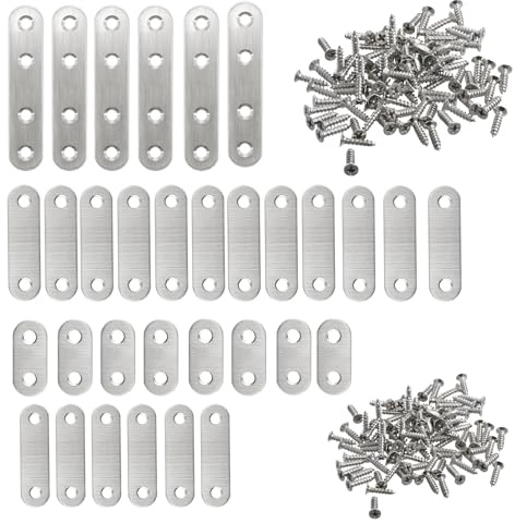20 Piezas Soportes Planos de Acero Inoxidable, Conector de Metal Plano, Placas de Unión Madera, con Tornillos, para Reparación de Muebles, Conexión de Metales y Madera (Set B)