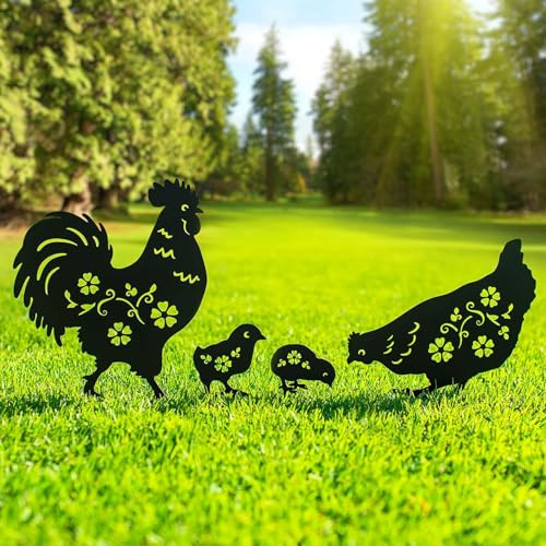MrMrKura 4 Pack Chicken Metal Decorative Garden Stakes, Chicken Decor Gifts for Women Men, Black Chicken Silhouette Statues for Outdoor Garden Yard Patio Decor