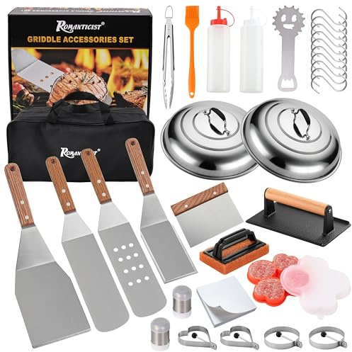ROMANTICIST 132PC Professional Griddle Accessories Kit - Heavy Duty Stainless Steel Grill Spatula Set for Grill Griddle Hibachi Flat Top Outdoor Cooking - Great Grill Gift on Birthday Wedding