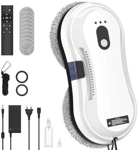 IERAKOR Robot Lavavetri, 5600Pa Robot Pulisci Vetri con Spruzzo Automatico, Serbatoio D'acqua da 35 ml, Telecomando, 3 Modalità Pulizia, Navigazione Intelligente, 10 Panni, per Superfici Lisce