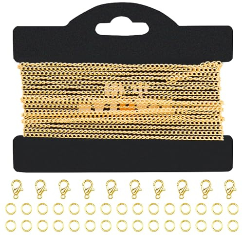 GAESHOW Gliederkette Gold zum Basteln, 5m 3x4mm Kugelkette Edelstahl, Schmuckketten zum Basteln Zubehör mit 30 Ringen und 10 Karabinerverschlüsse, Rostfestigkeit Gliederkette Meterware für Schmuck DIY