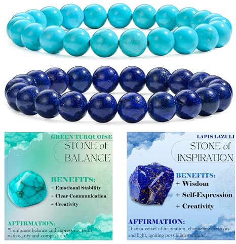 Bivei 2-teiliges 8 mm Perlenarmband Damen – Grüner Türkis, Lapislazuli – Handgefertigter Naturstein Heilsteine Edelstein Perlen Armband, Yoga, Meditation, Schutz Geschenk
