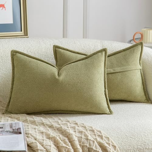 Madizz Juego de 2 Suave Chenilla Decorativo Funda de cojíns con Borde Neutras Fundas de Almohada Boho para Sofá Dormitorio Salón Verde Claro Rectangular 30 x 50 cm