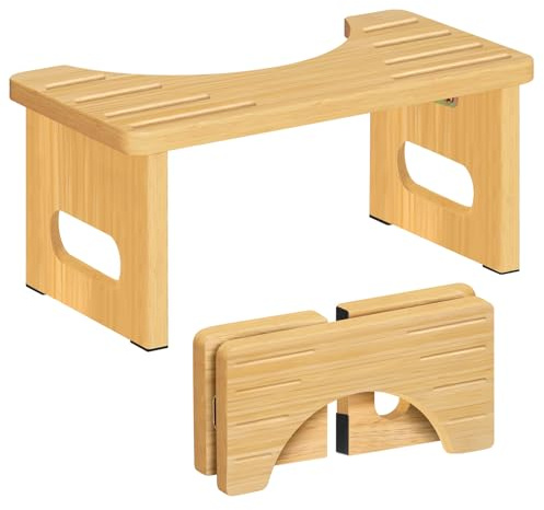 Sgabello pieghevole in legno salvaspazio con cuscinetti antiscivolo a forma di C per un comodo poggiapiedi, perfetto per il bagno