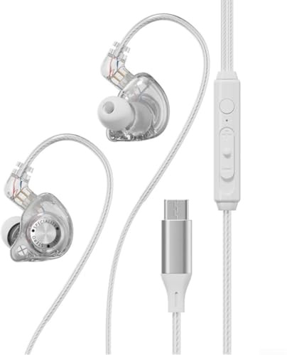 HiFi IEM USB-C Écouteurs intra-auriculaires avec câble amovible, isolation du bruit, contrôle du volume et cordon anti-nœuds pour jeux et écoute de musique – Noir (blanc)
