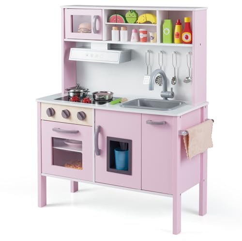 RELAX4LIFE Cocina de juguete para niños, juego de cocina de madera con microondas, horno, grifo, fregadero y 18 piezas accesorios, mini cocina para niños 3 4 5 6 años (rosa claro)