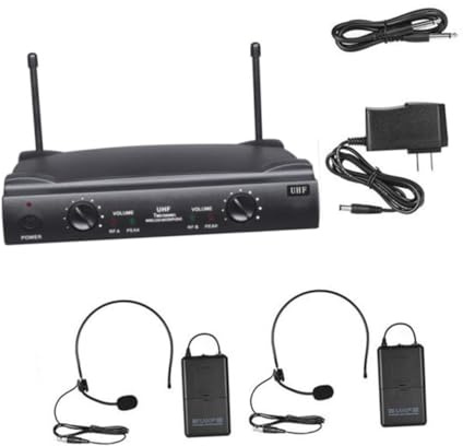 CLISPEED Conjunto Micrófono Inalámbrico UHF Doble Canal con Transmisores Bodypack y Micrófonos de Diadema Receptor con Controles de Volumen y Salidas XLR Alcance hasta Karaoke y