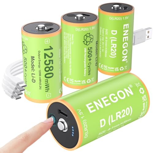 ENEGON Rechargeable Lithium D Batteries 4 Pack, 12580mWh 500+ Charge Cycles