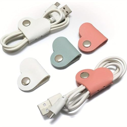 Reusable Cable Tidy Clips Heart Shaped Faux Leather Organisers, 10 Pack Snap Button Cord Holders for Headphones, Charging Cables and USB Wires, Mixed Colours