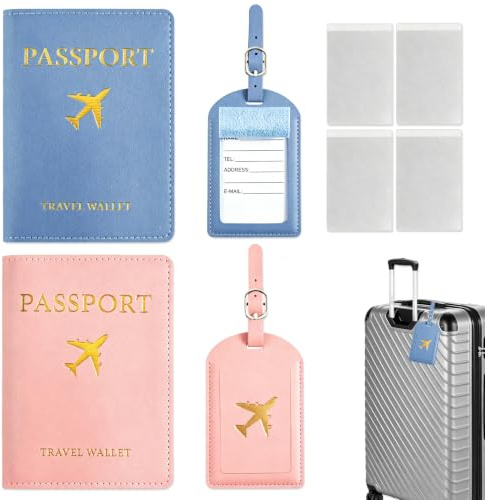YinnFeen 2 Piezas Funda Pasaporte, Rosa Azul Reisepasshülle mit Kofferanhänger Passport Holder, Protector de Pasaporte con Funda de Identificación para Tarjetas y Documentos de Viaje
