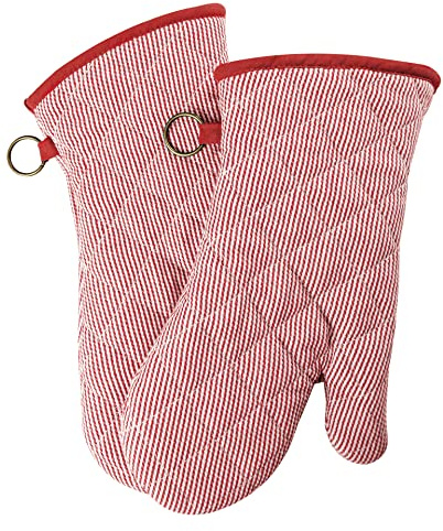 1 Pair Yarn Dyed Oven Mitts 100% Cotton Heat Resistant 470 Degree Gloves Men Women Cooking Baking Barbecue BBQ Microwave Crafting Machine Washable Pot Holders Mittens (red2)